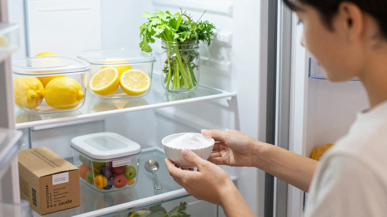 Pessoa a guardar bicarbonato de sódio na geladeira com frutas e ervas frescas à vista.