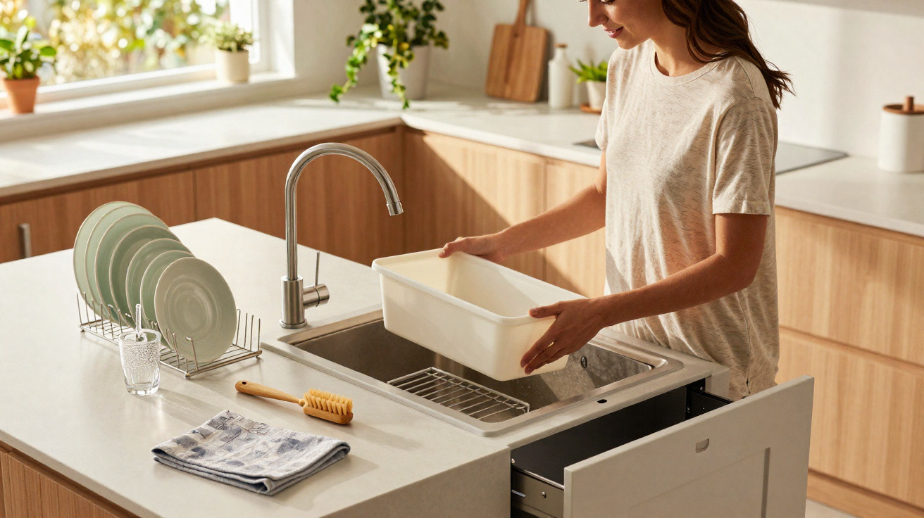 Mulher a lavar utensílio branco numa cozinha moderna com pia dupla e utensílios arrumados.