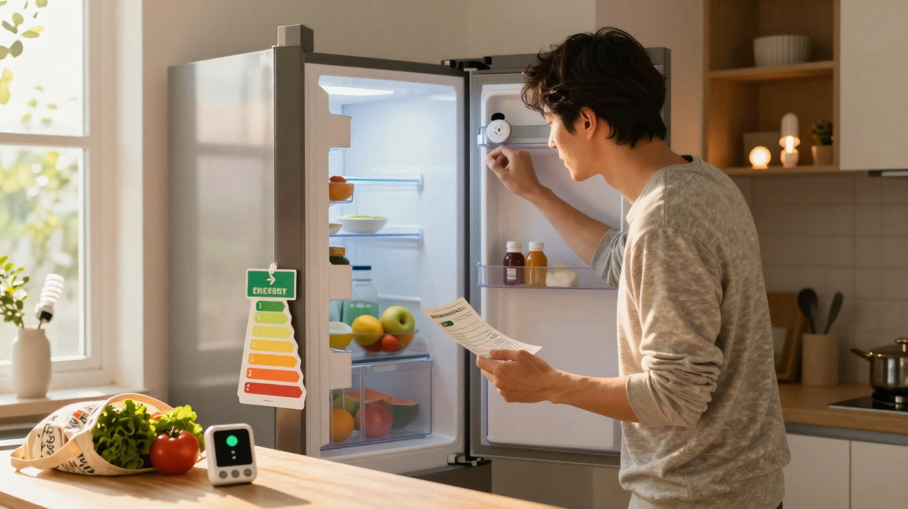 Homem ajusta a temperatura do frigorífico aberto numa cozinha com luz natural.