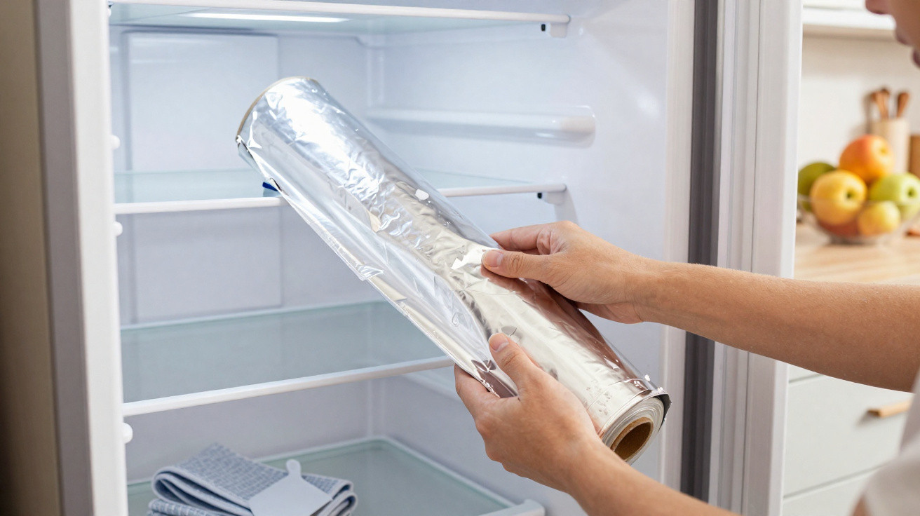 Mãos a preparar película aderente para forrar o interior de um frigorífico vazio aberto.