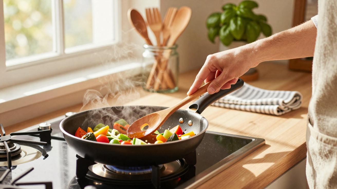 Mão a mexer legumes coloridos numa frigideira a fumegar num fogão a gás numa cozinha iluminada.
