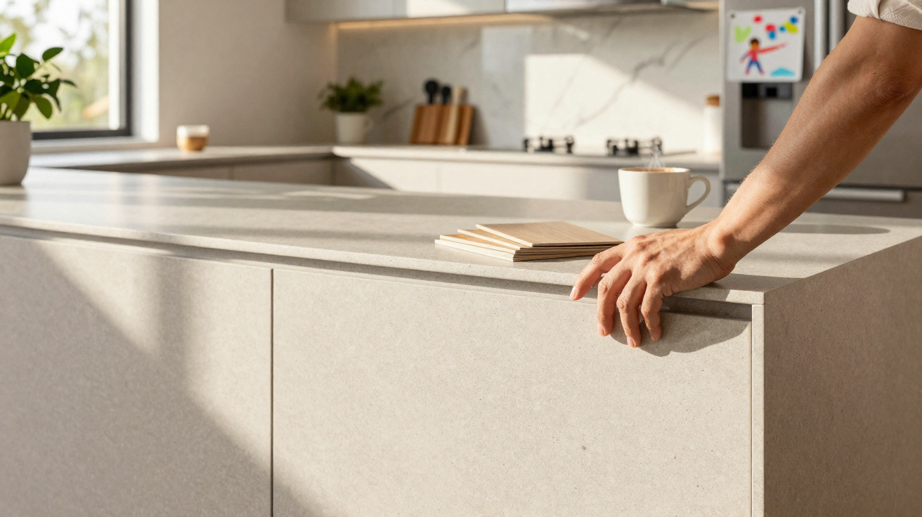 Mão apoiada em bancada de cozinha moderna com amostras de materiais e utensílios ao fundo.