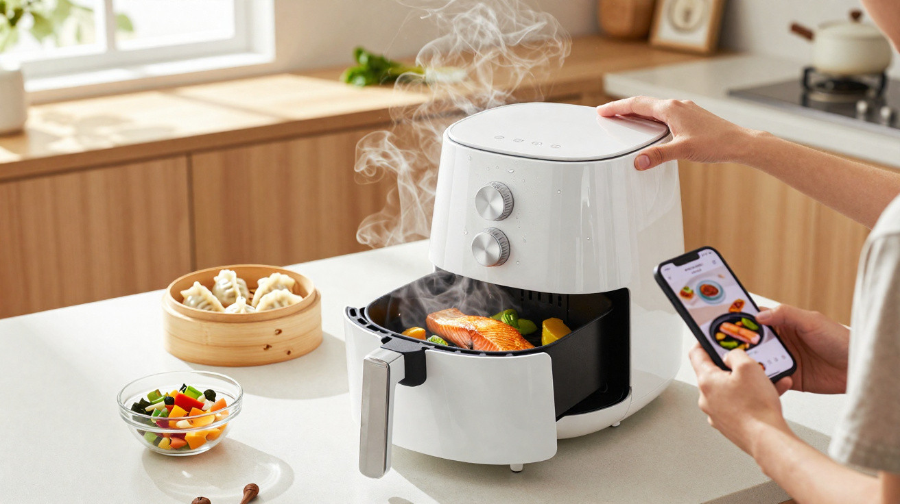 A pessoa retira comida a vapor quente de uma fritadeira sem óleo branca numa cozinha moderna.