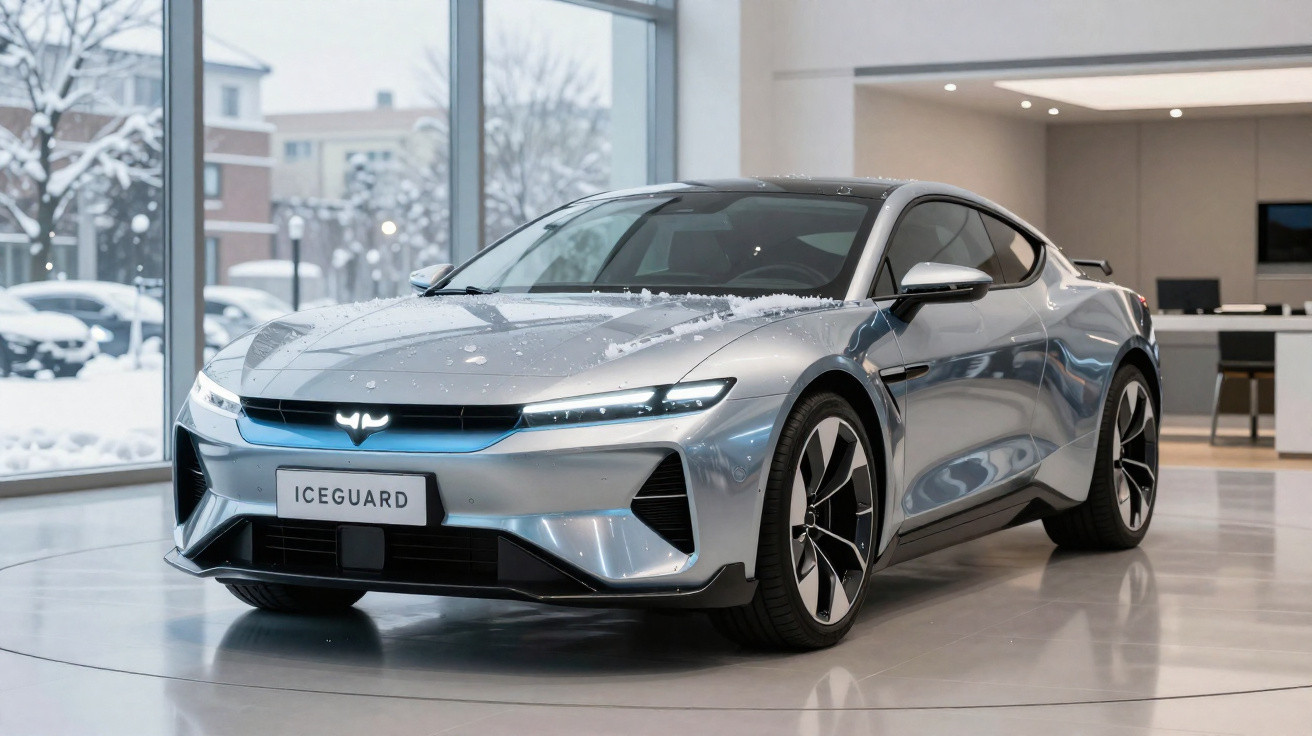 Carro elétrico prateado ICEGUARD numa exposição, com design moderno e jantes aerodinâmicas.