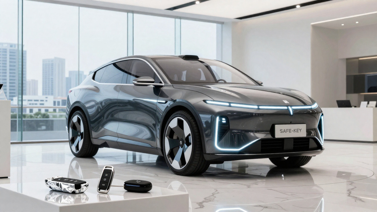 Carro elétrico cinzento claro com design futurista exposto numa sala moderna com janelas grandes.