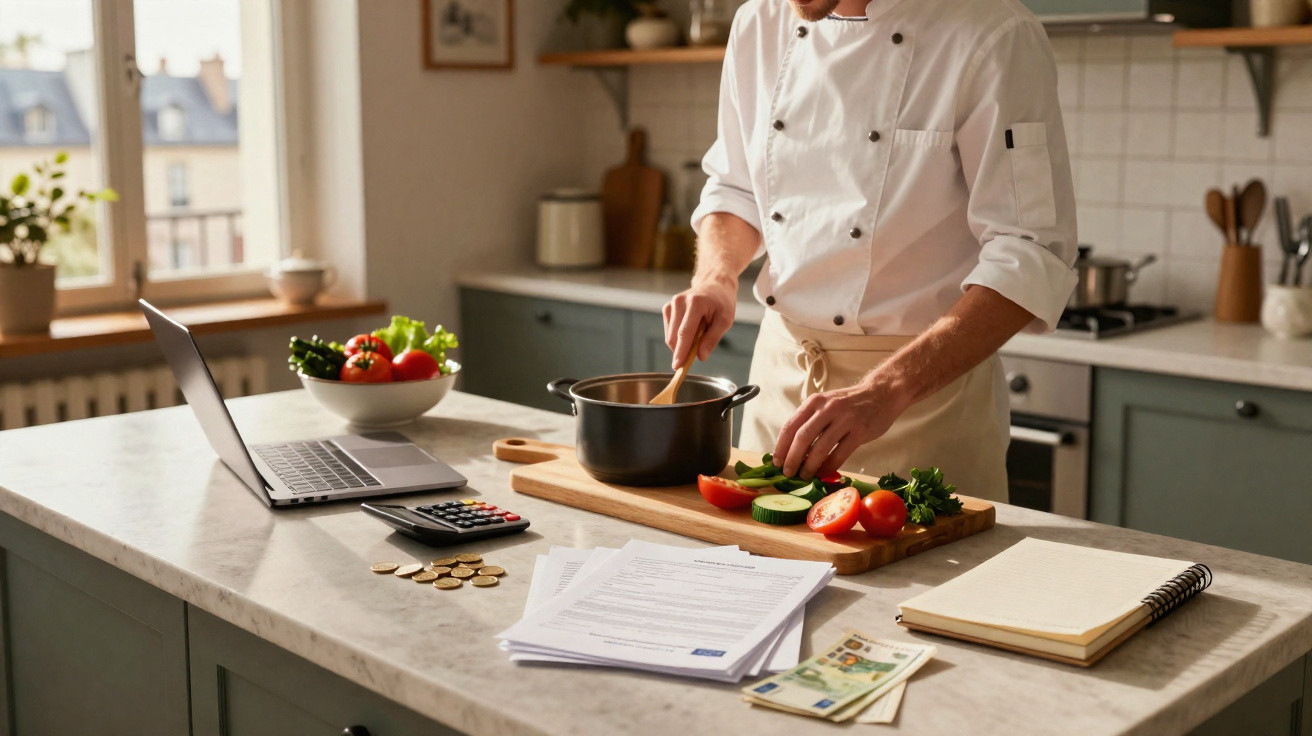 Homem a cortar legumes numa cozinha moderna com laptop e documentos sobre a bancada.