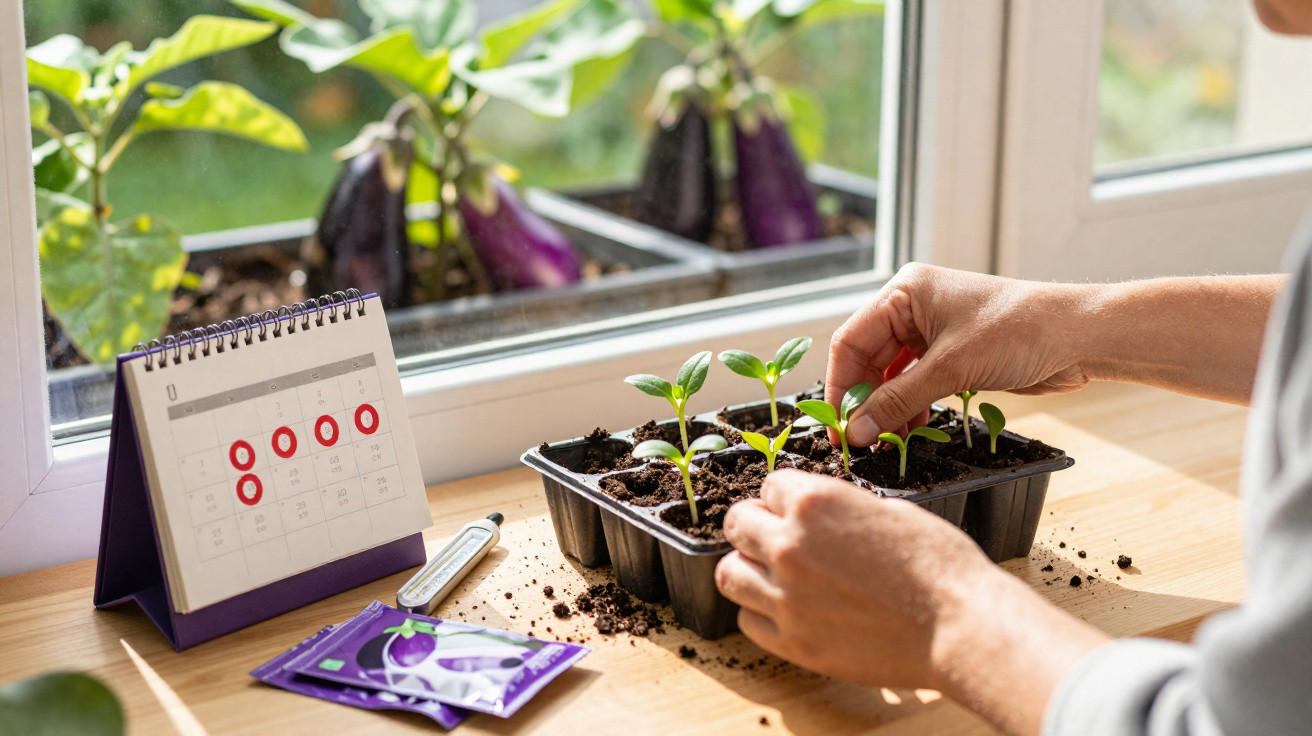 Mãos a plantar mudas em tabuleiro junto a calendário, sementes e plantas na janela.