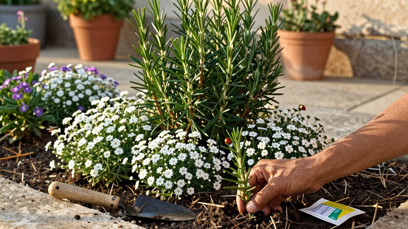 Mãos plantando um ramo de alecrim num canteiro com flores brancas e martelo de jardinagem no chão.