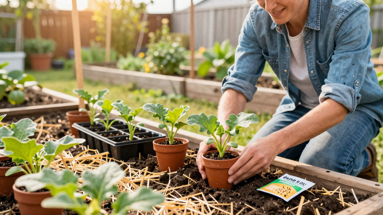 Pessoa a transplantar planta jovem para canteiro num jardim com luz suave do sol.