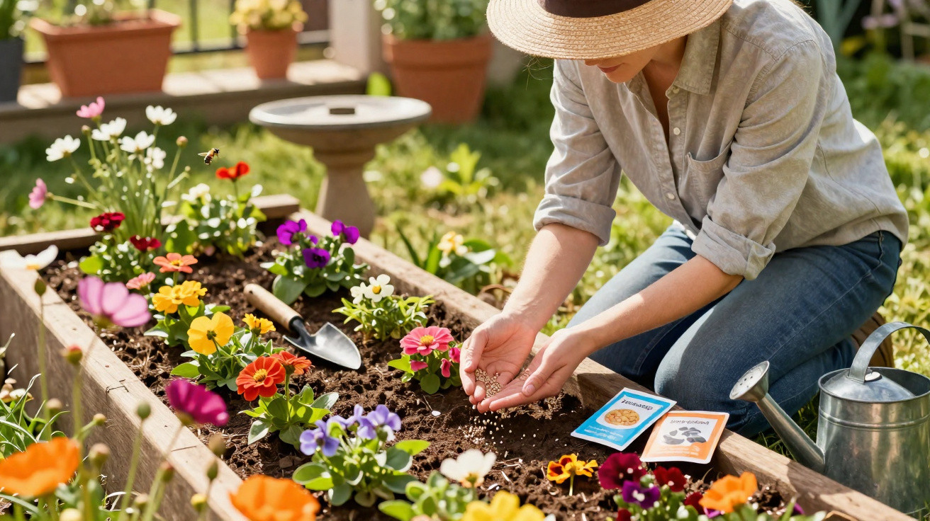 Pessoa a plantar sementes numa canteiro com flores coloridas, regador e pacotes de sementes ao lado.