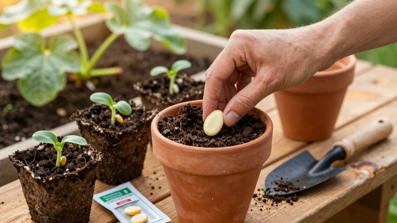Mão a plantar uma semente numa pequena vaso de barro com terra fresca numa mesa de madeira.