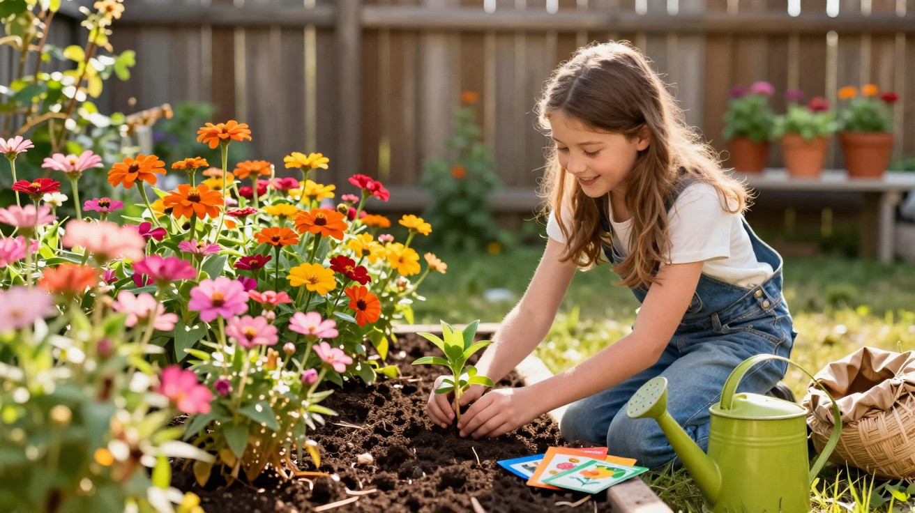 Menina a plantar uma muda em canteiro com flores coloridas num jardim ensolarado.