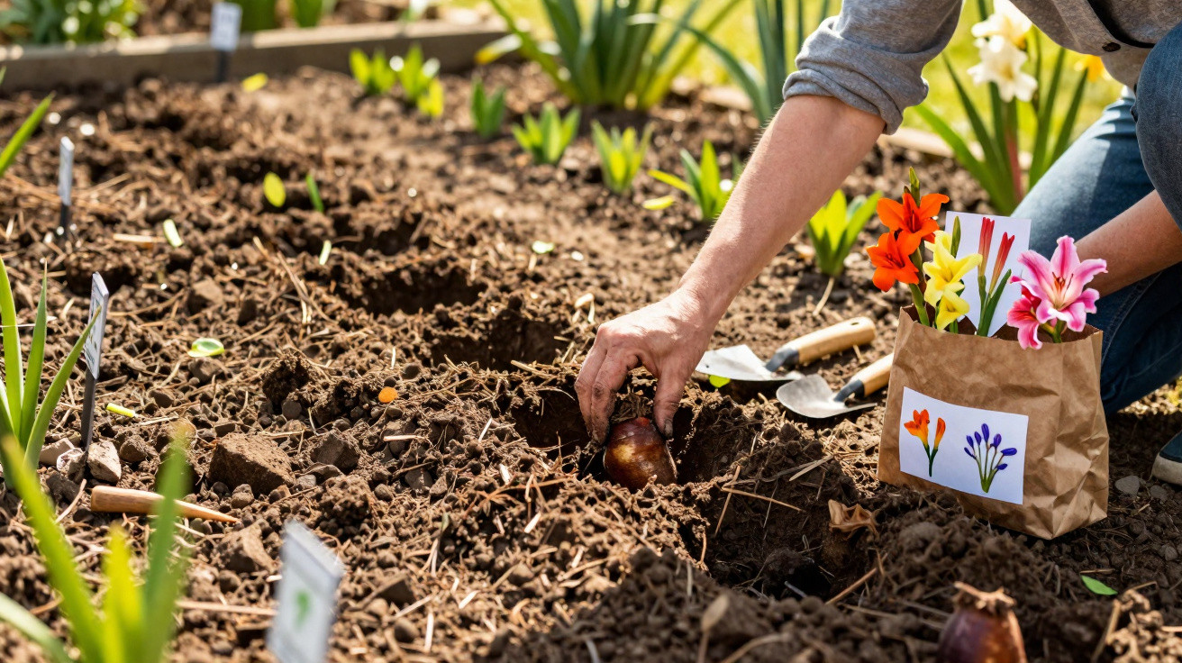 Pessoa a plantar bulbos de flores na terra de um jardim com ferramentas e etiquetas visíveis.
