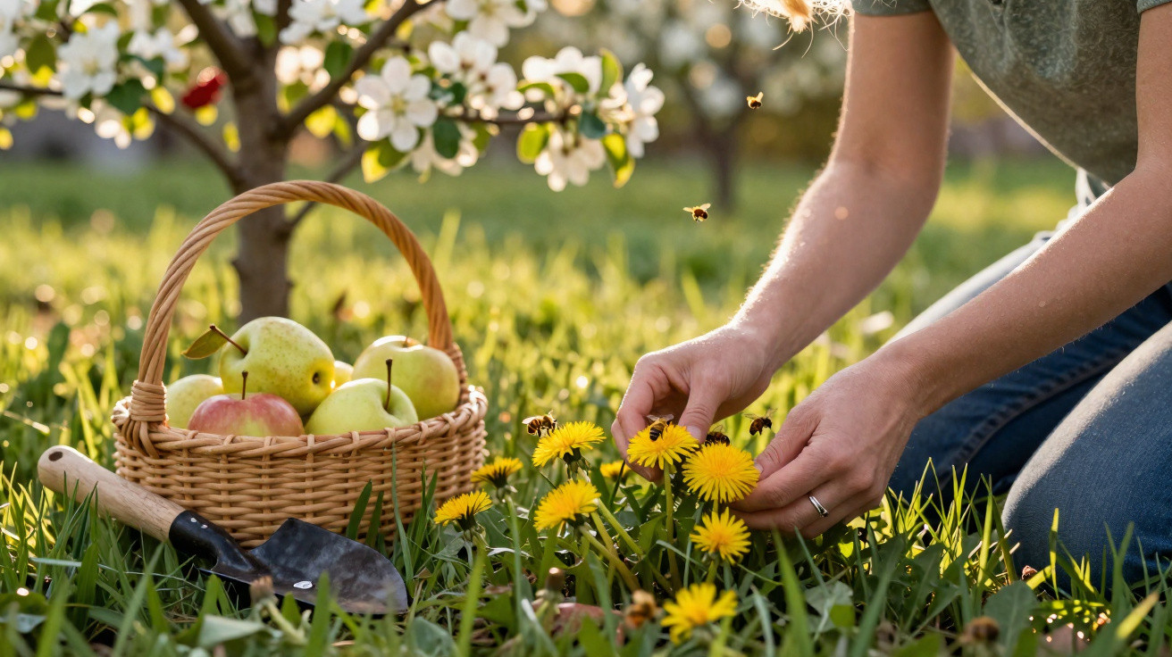 Pessoa a apanhar flores amarelas num campo verde com um cesto de maçãs ao lado.