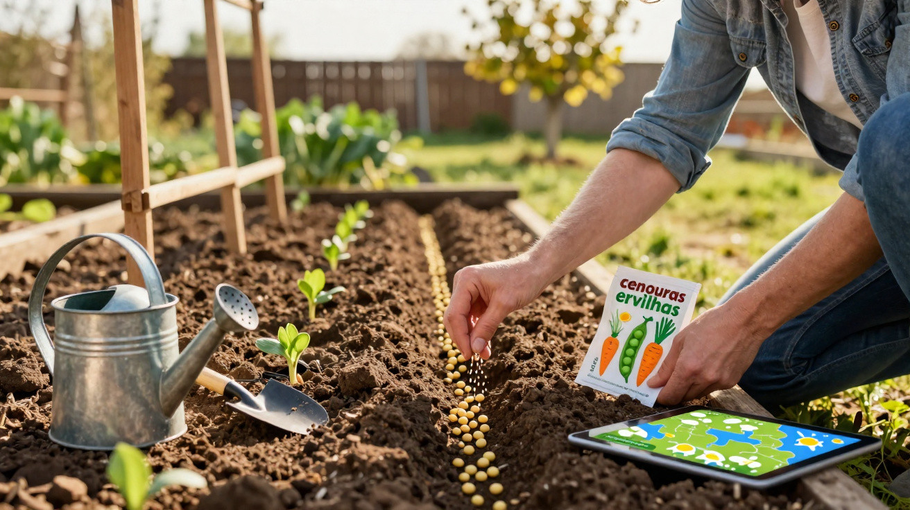 Pessoa a plantar sementes num canteiro de jardim, com regador, enxada pequena e tablet ao lado.