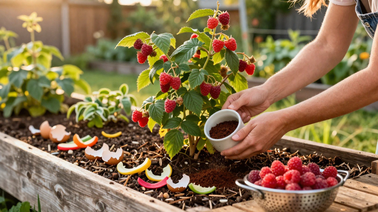 Mãos a fertilizar planta de framboesas num canteiro com restos de cascas de fruta e ovos ao redor.