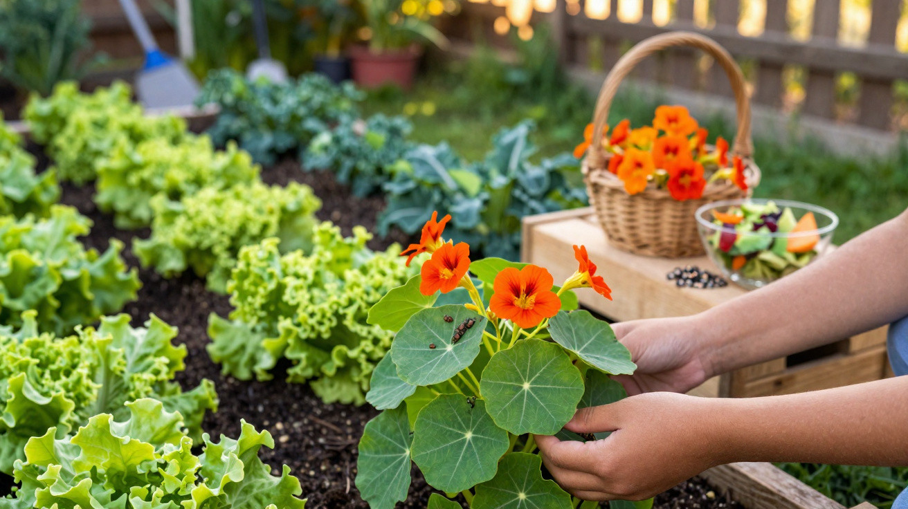 Mãos cuidando de flores laranja numa horta com alfaces verdes e frutas numa taça ao fundo.