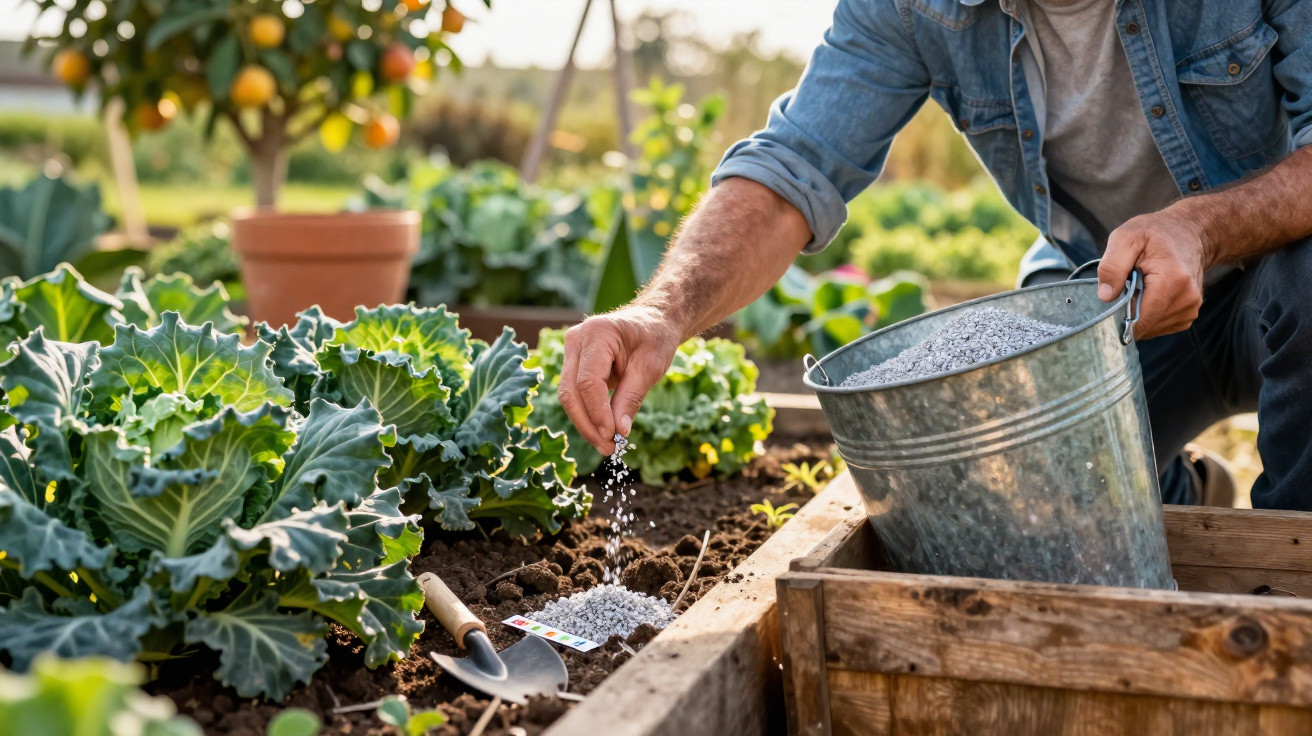 Homem a semear e a colocar fertilizante em hortaliças num jardim com vegetação verde.
