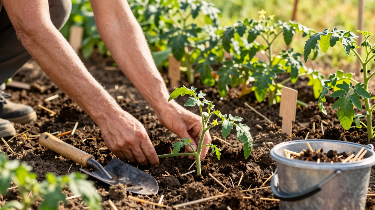 Mãos a plantar uma muda de tomateiro em solo rico, com ferramenta de jardinagem e balde ao lado.