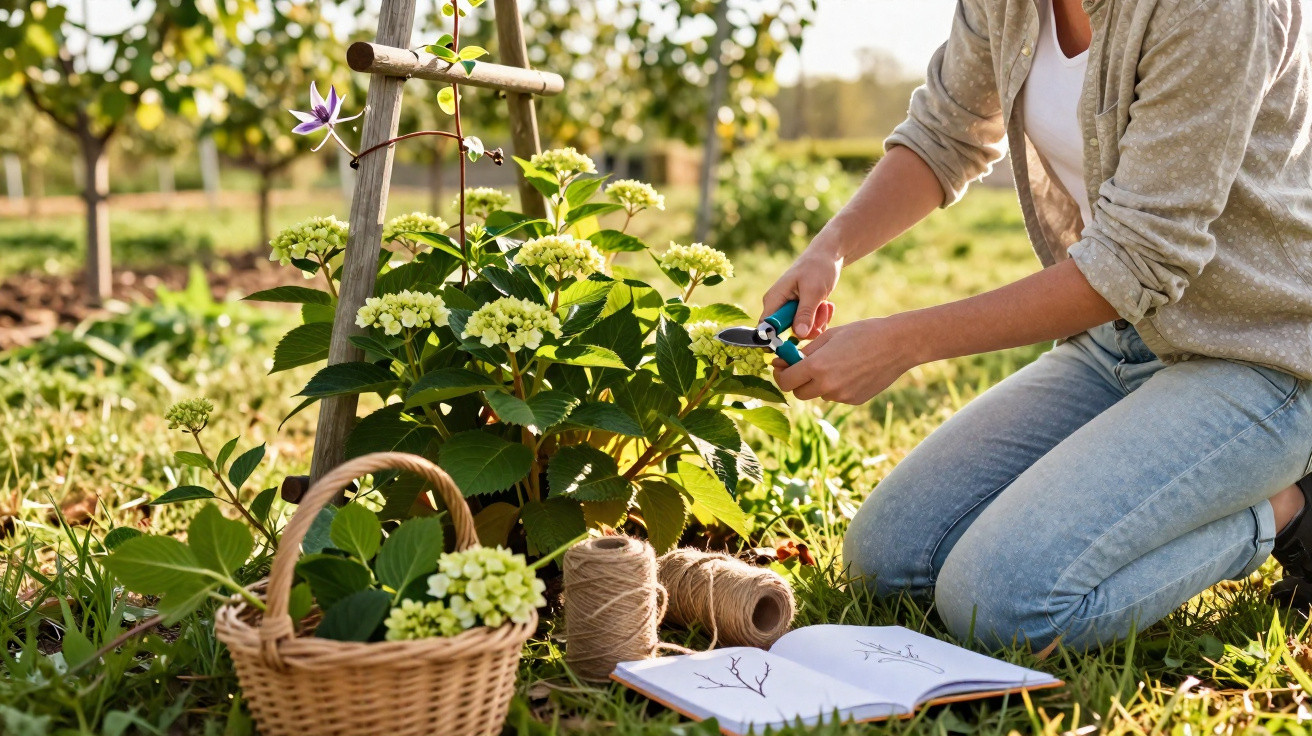 Pessoa a podar flores amarelas num jardim com ferramentas e caderno aberto no chão.