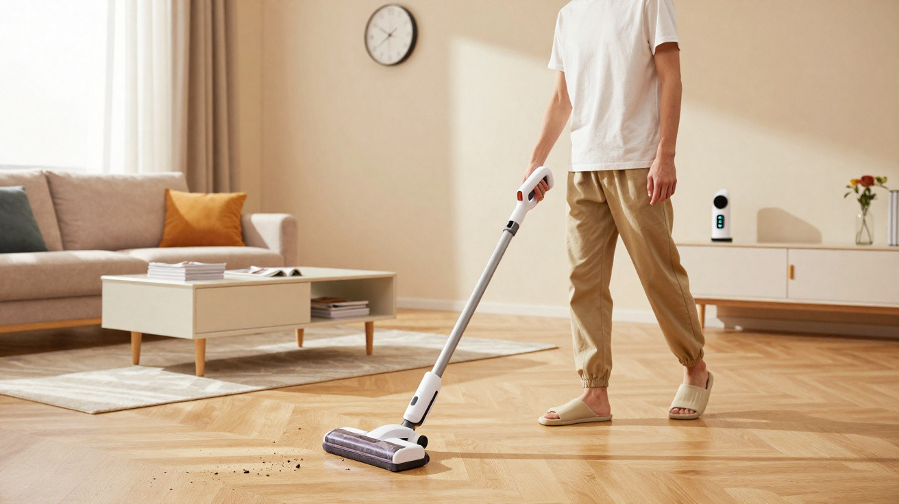 Pessoa a aspirar chão de madeira numa sala de estar moderna com aspirador sem fios branco.