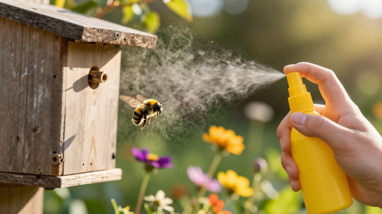 Pessoa a borrifar spray repelente numa abelha ao lado de uma caixa de madeira num jardim florido.