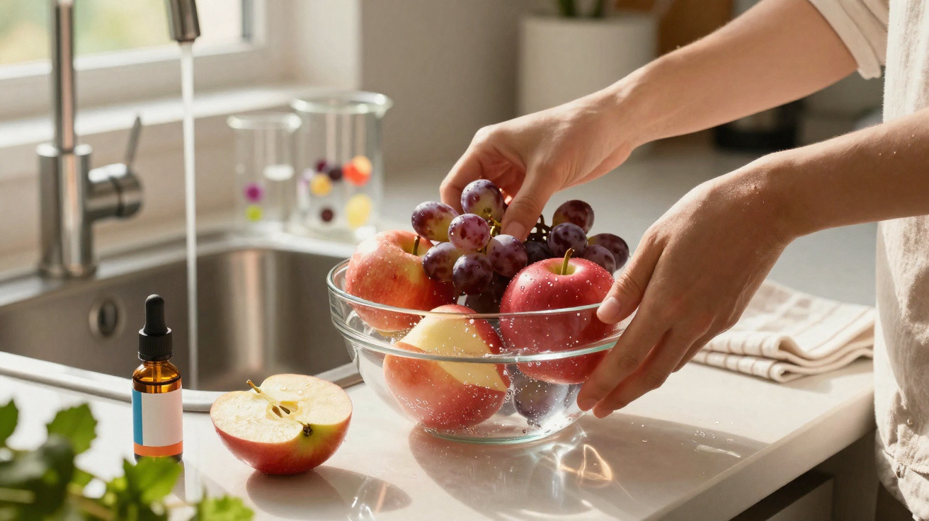 Mãos a lavar maçãs e uvas num recipiente de vidro numa cozinha com luz natural.