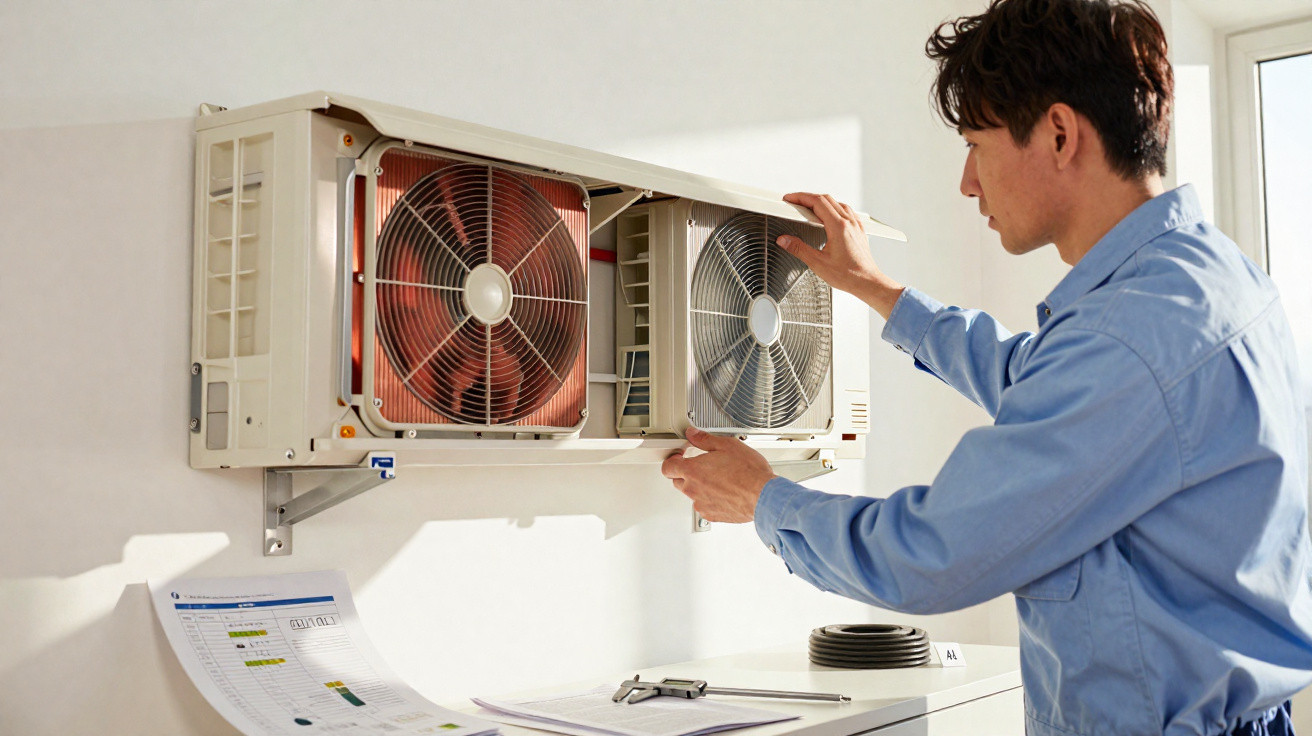 Técnico a ajustar unidade interior de ar condicionado com duas unidades exteriores montadas na parede.