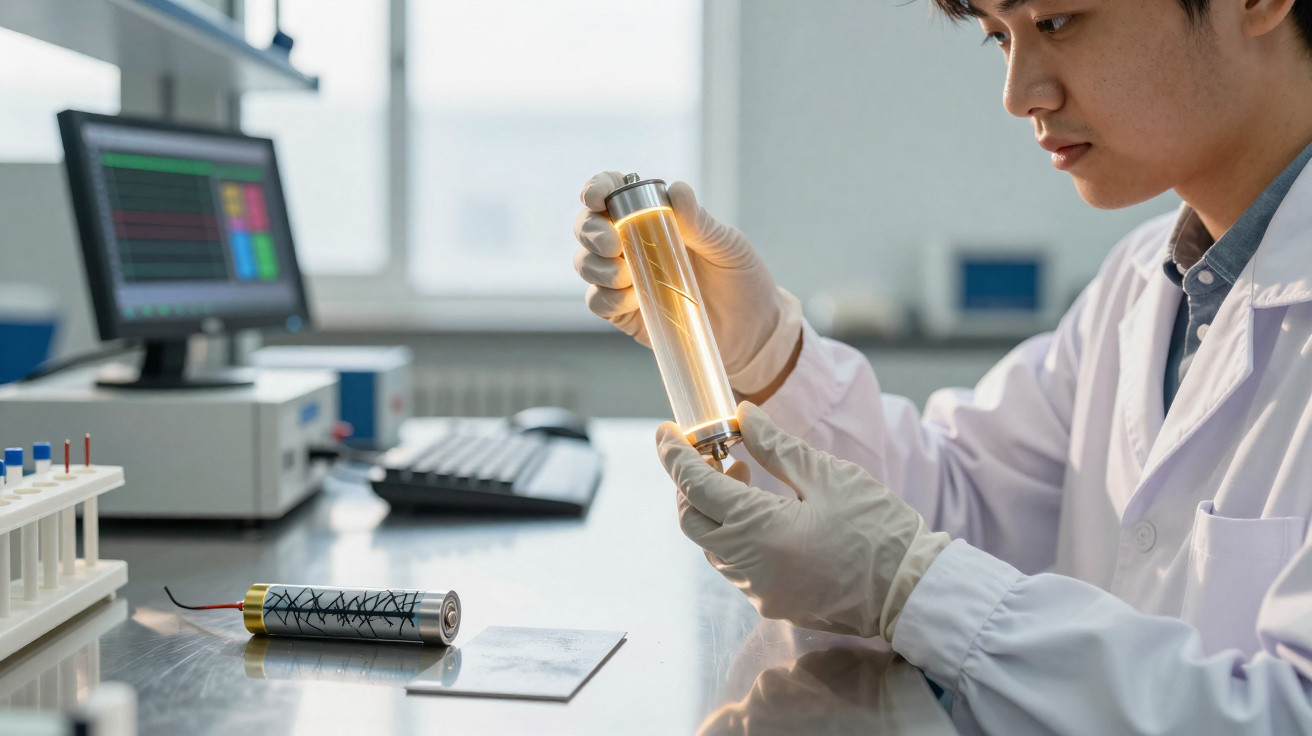 Cientista em laboratório analisa célula numa lâmina iluminada, com equipamento tecnológico ao fundo.