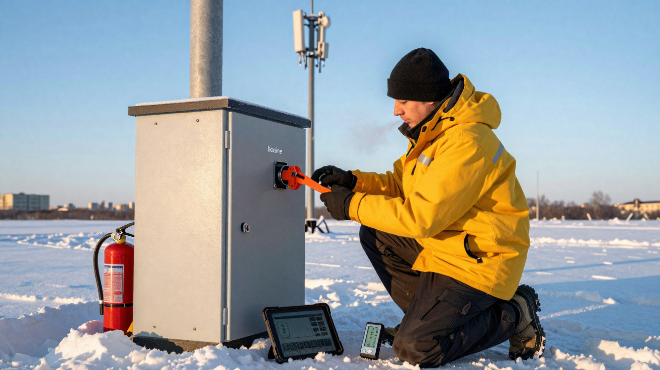 Técnico com roupa de inverno realiza manutenção num equipamento elétrico ao ar livre na neve.