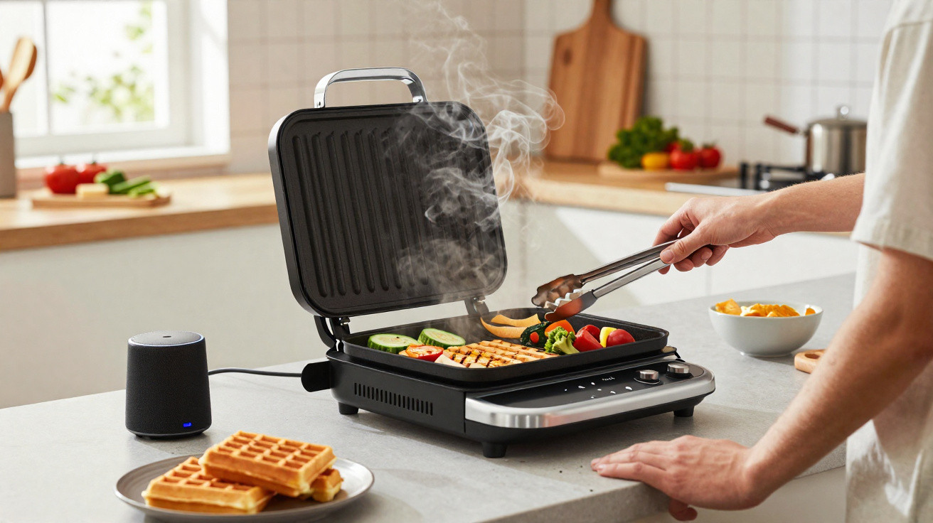 Pessoa a grelhar legumes e waffles numa grelha elétrica numa cozinha moderna.