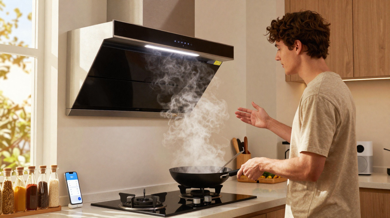 Mulher a cozinhar num fogão a gás com exaustor ligado numa cozinha moderna e iluminada.