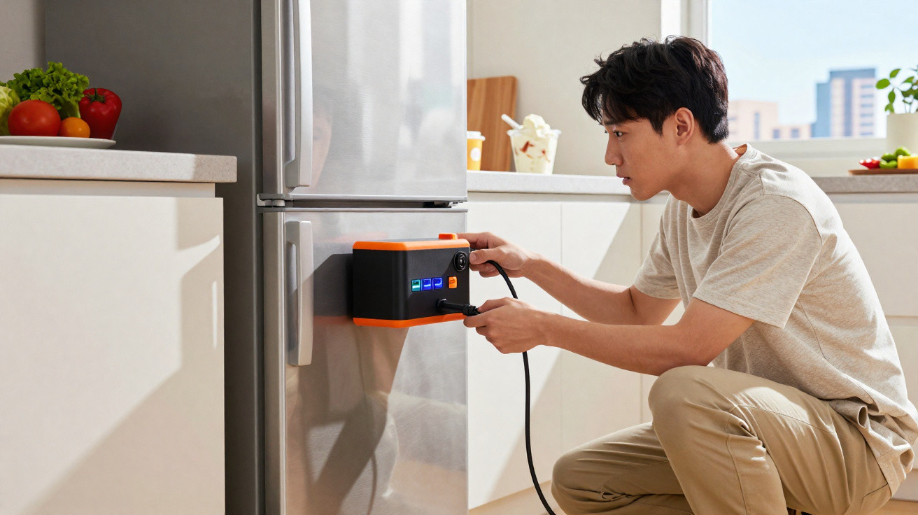 Homem a utilizar dispositivo magnético numa porta de frigorífico inox numa cozinha moderna.
