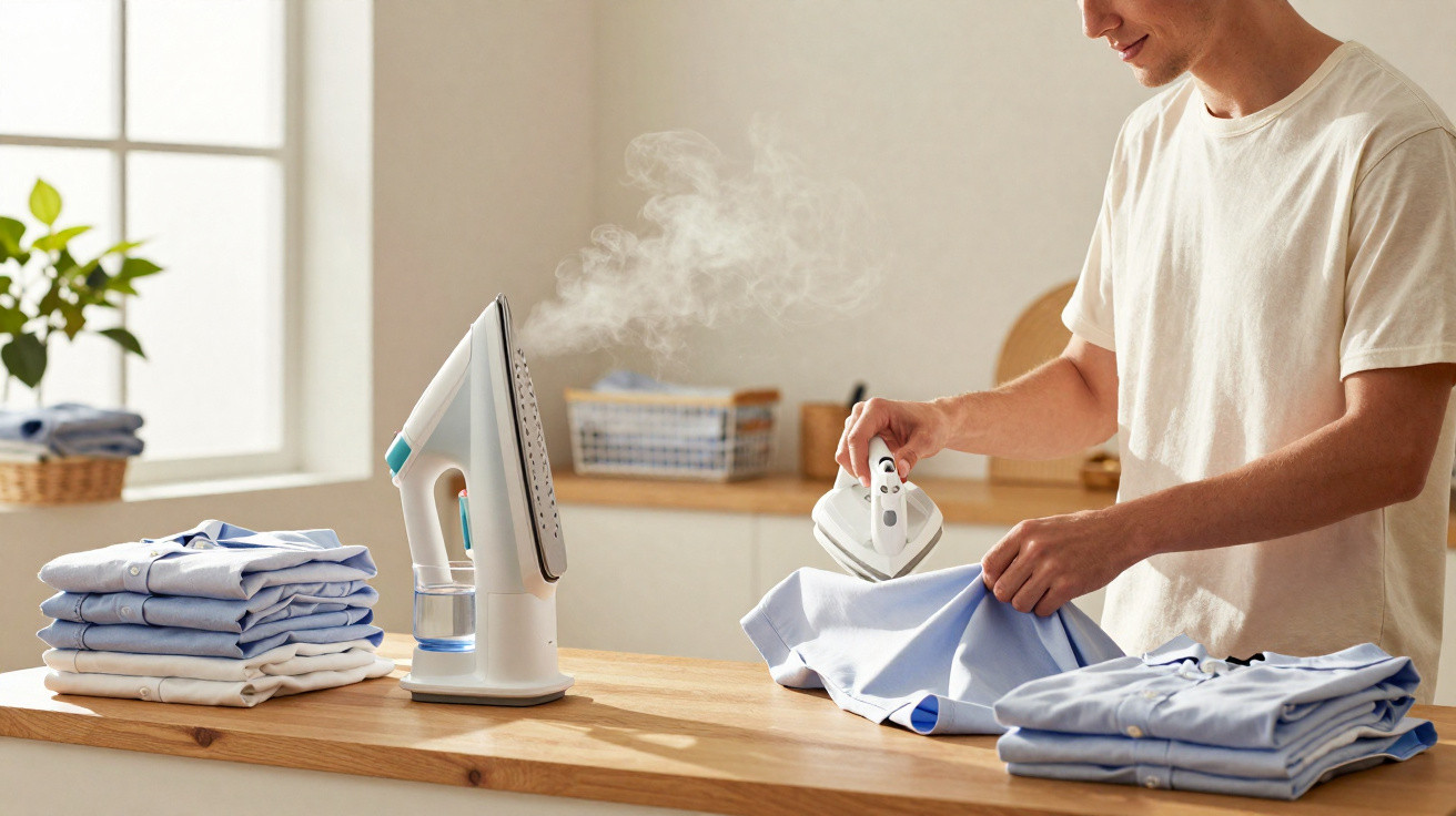 Pessoa a passar a ferro uma camisa azul num ambiente doméstico com ferro a vapor e pilha de camisas.