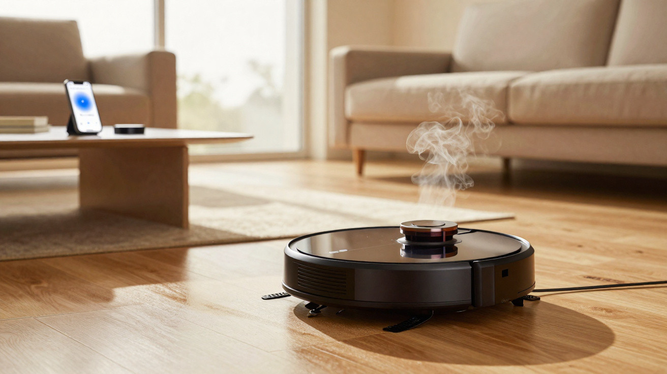 Aspirador robô preto a limpar chão de madeira com nuvem de vapor num ambiente doméstico moderno.