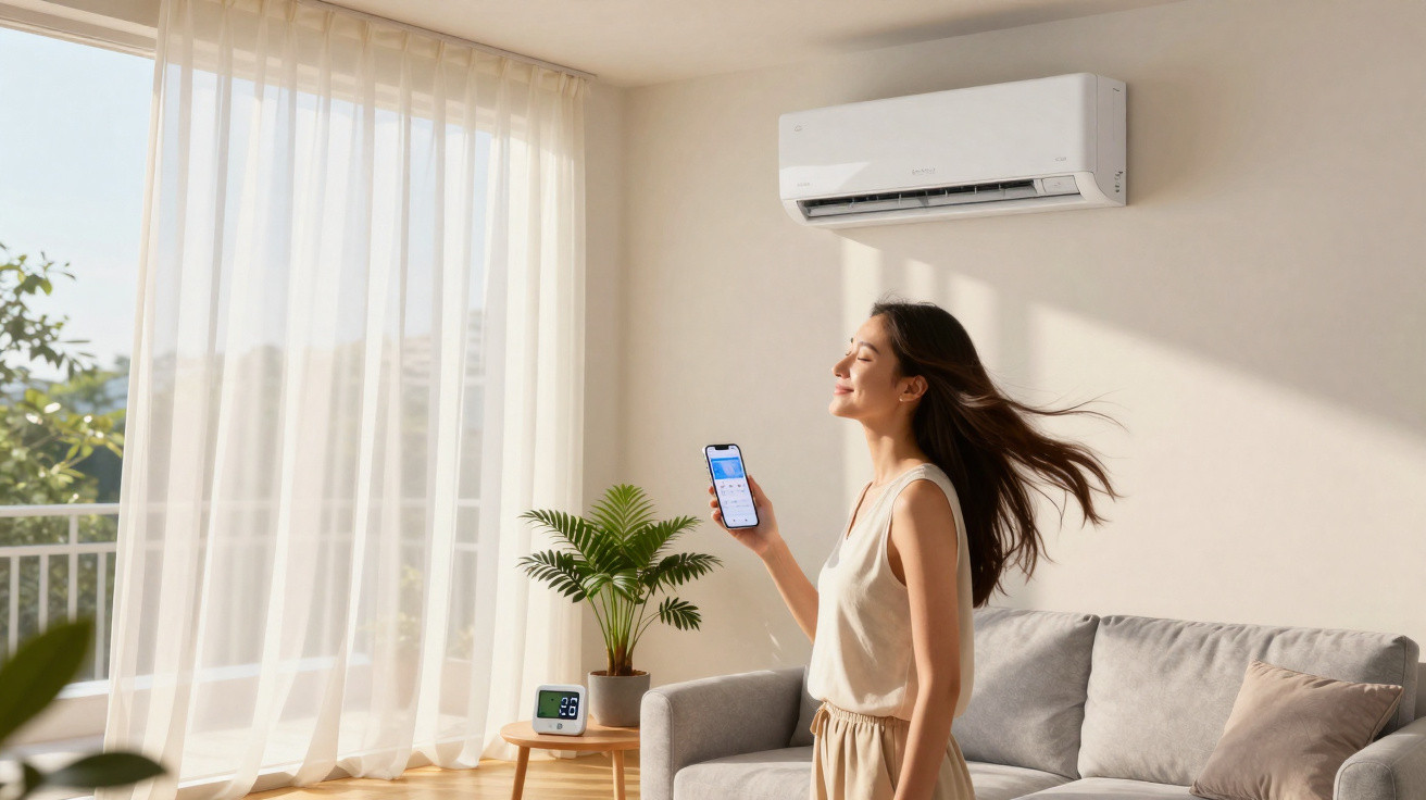 Mulher a controlar ar condicionado com smartphone numa sala iluminada e arejada.
