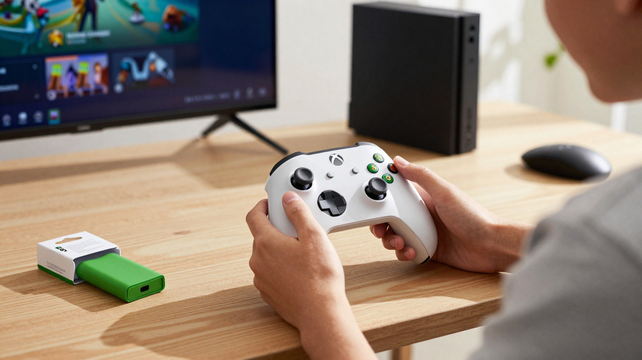 Pessoa a jogar videojogo numa consola Xbox com comando branco e pilhas recarregáveis na secretária.