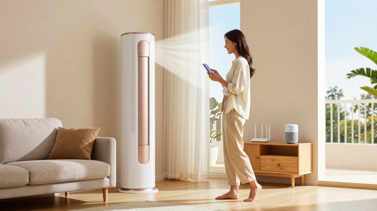 Mulher utiliza telemóvel junto a ar condicionado moderno que refresca a sala iluminada por luz natural.