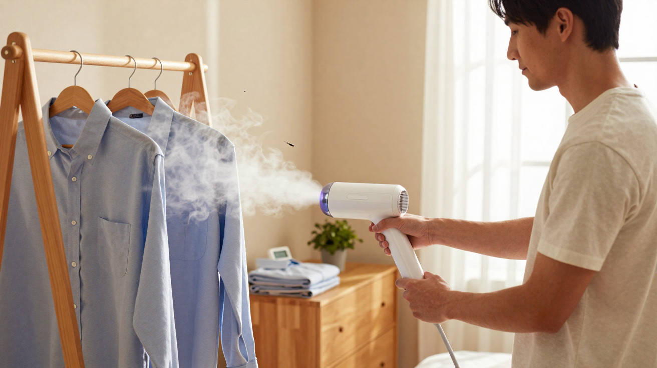 Homem a usar vaporizador para tirar rugas de camisa azul pendurada em suporte de madeira.