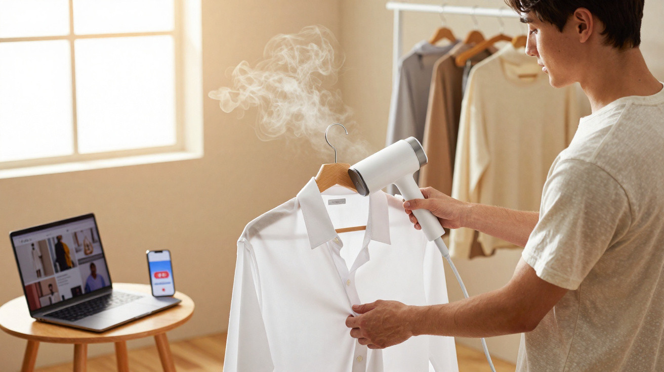 Homem a usar vaporizador para passar a ferro uma camisa branca pendurada num cabide.