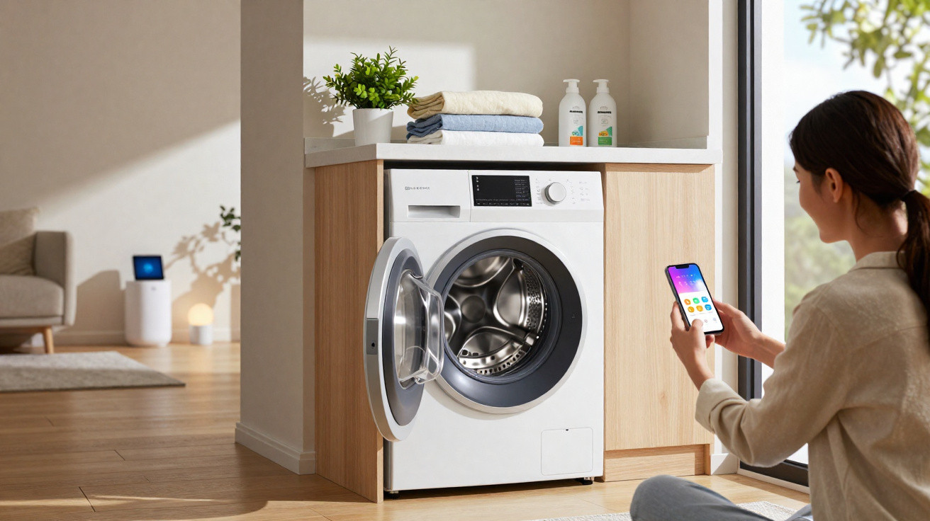 Homem a colocar roupa na máquina de lavar roupa branca numa cozinha moderna, a usar smartphone.
