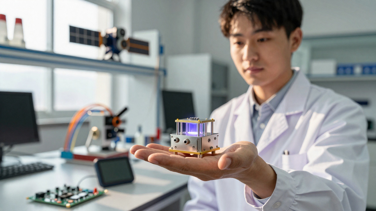 Cientista com bata branca a analisar dispositivo tecnológico azul num laboratório moderno e iluminado.