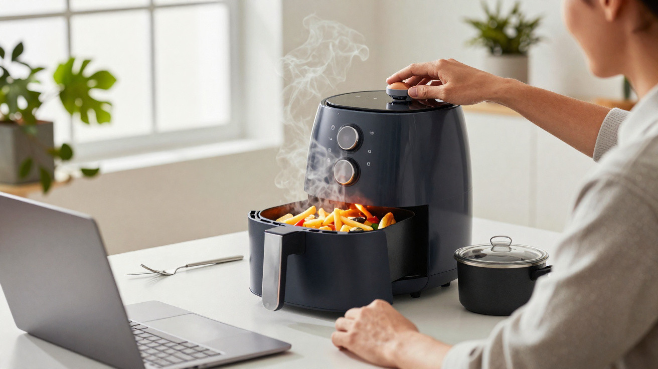 Pessoa a usar uma fritadeira elétrica para cozinhar legumes e batatas fritas numa cozinha luminosa.