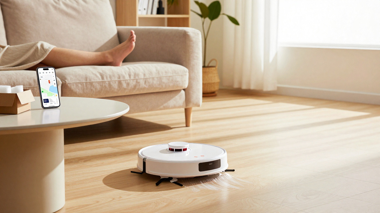 Aspirador robot a limpar chão de sala com sofá, mesa de madeira, telemóvel e caixa de lenços.