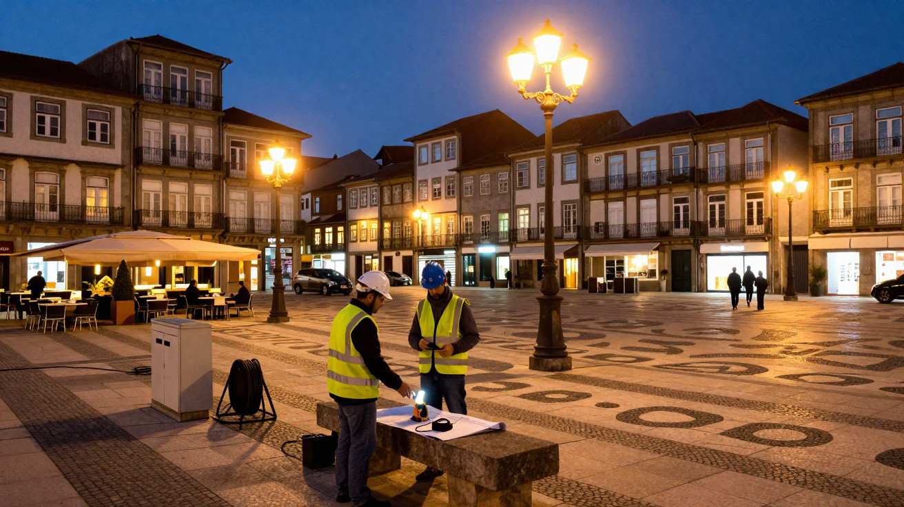 Três trabalhadores com coletes refletores discutem planos numa praça iluminada ao entardecer.