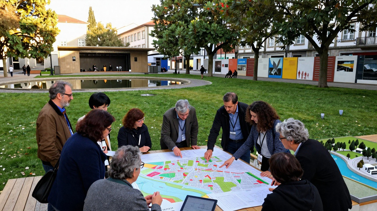 Grupo de pessoas a analisar um mapa urbano grande numa mesa ao ar livre num parque.