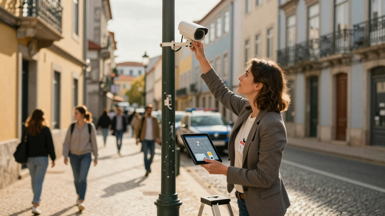 Técnica ajusta câmara de segurança em rua urbana, usando tablet com mapa digital, com passantes ao fundo.