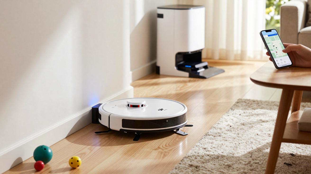 Aspirador robótico branco a limpar chão de madeira com comando por smartphone numa sala.