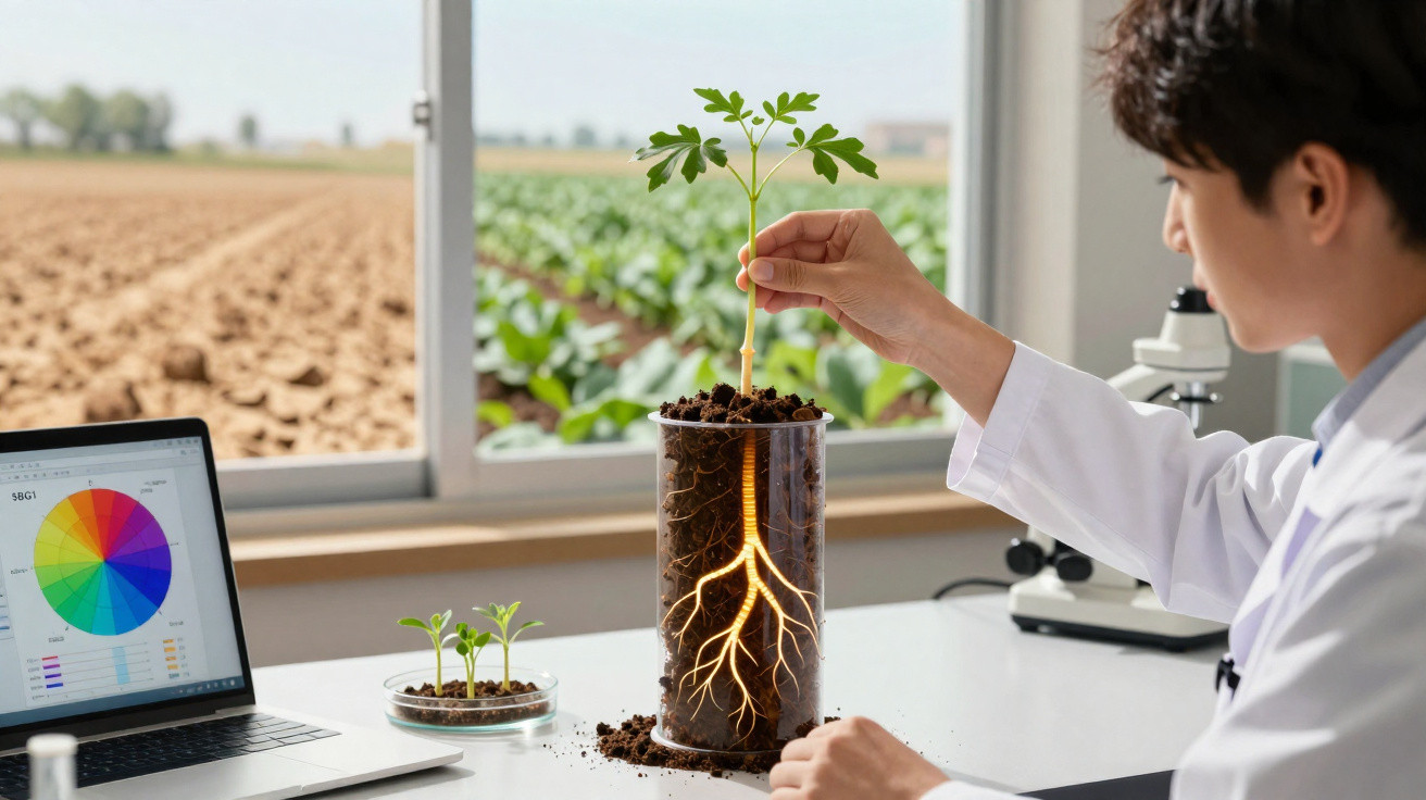 Cientista a analisar planta com raiz iluminada em vaso transparente, ao lado de computador com gráfico colorido.