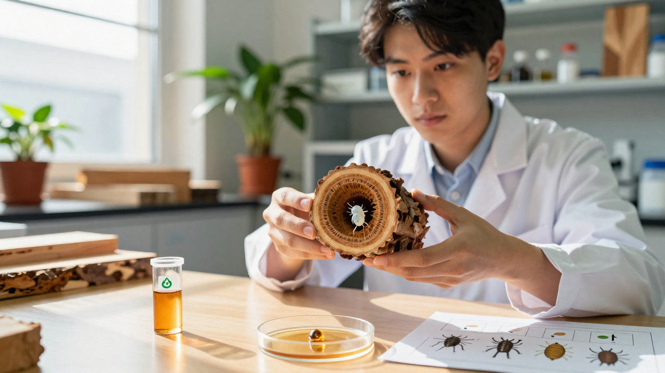 Cientista em laboratório a examinar uma secção transversal de tronco de árvore com insetos.